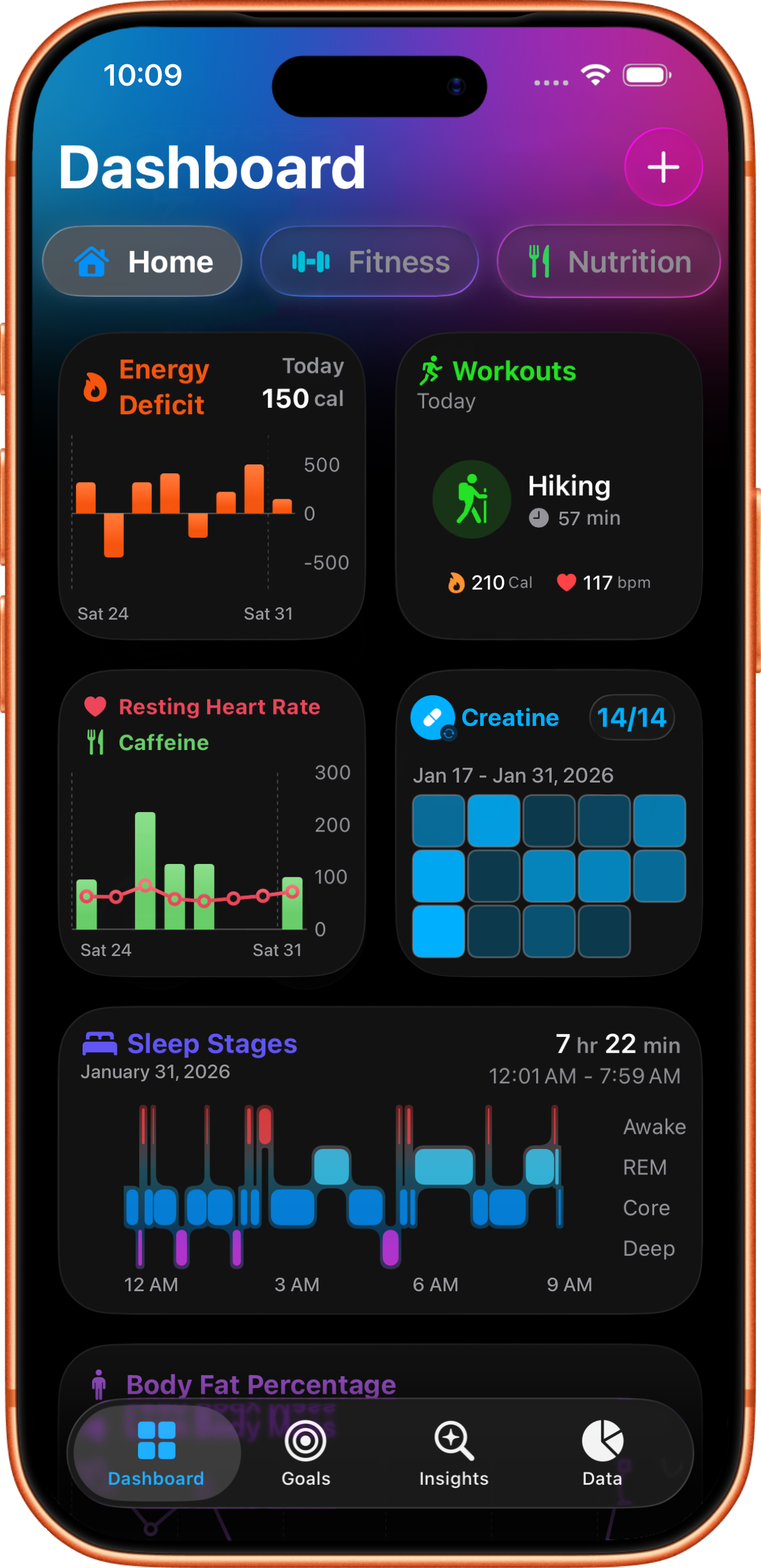 Coefficients app dashboard screenshot in dark mode