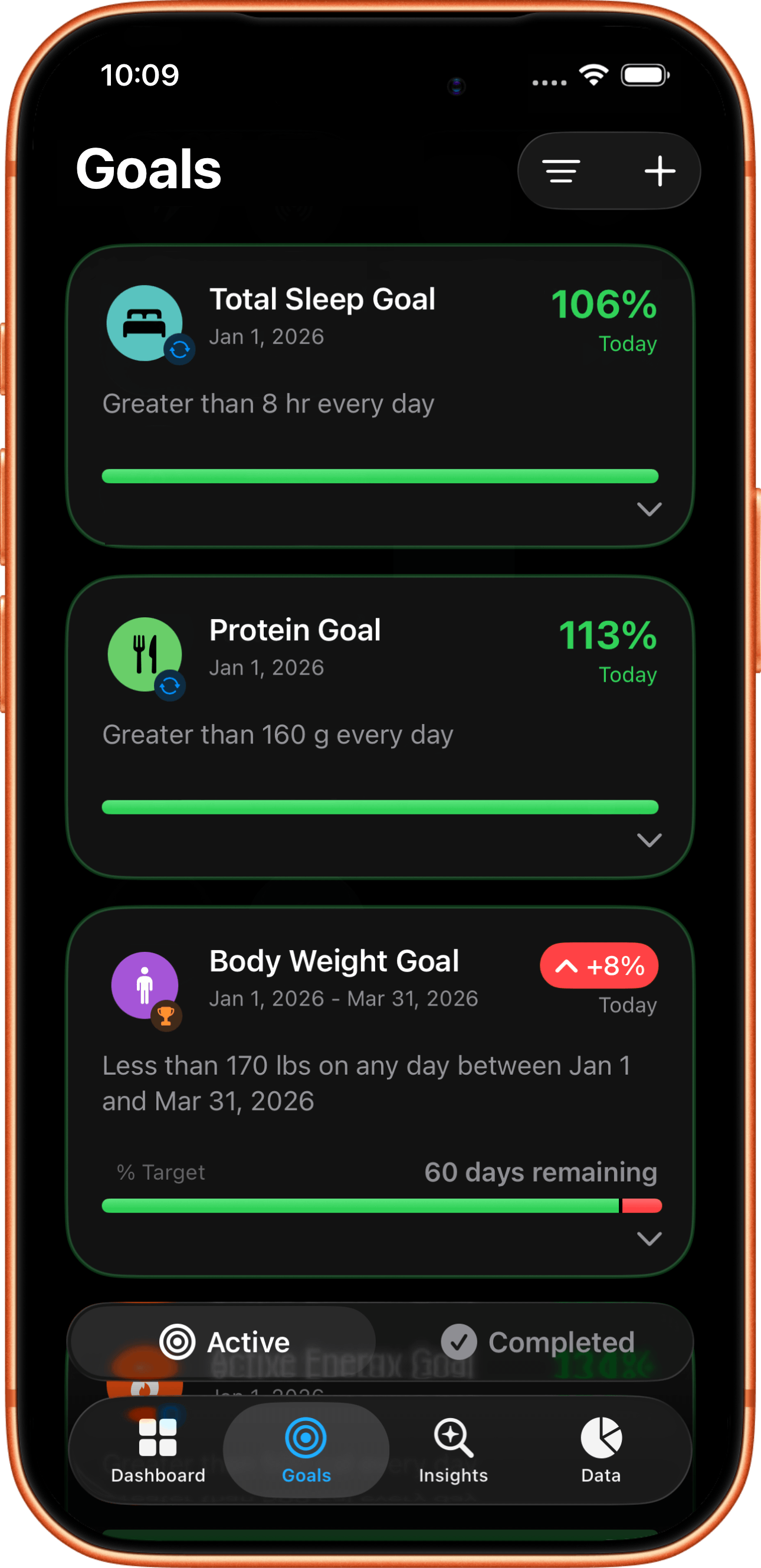 Coefficients app dashboard screenshot in dark mode