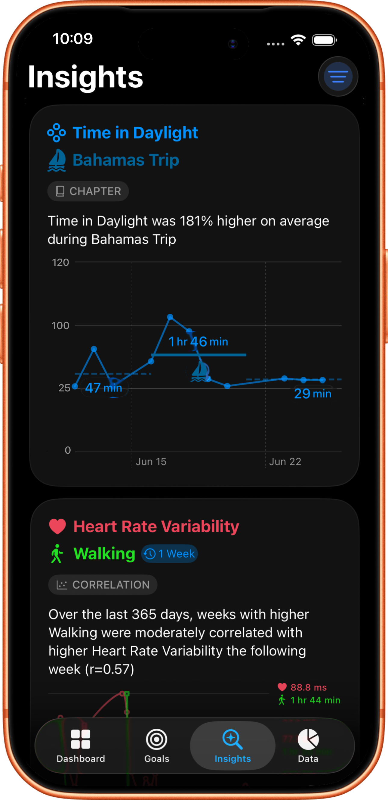 Coefficients app dashboard screenshot in dark mode